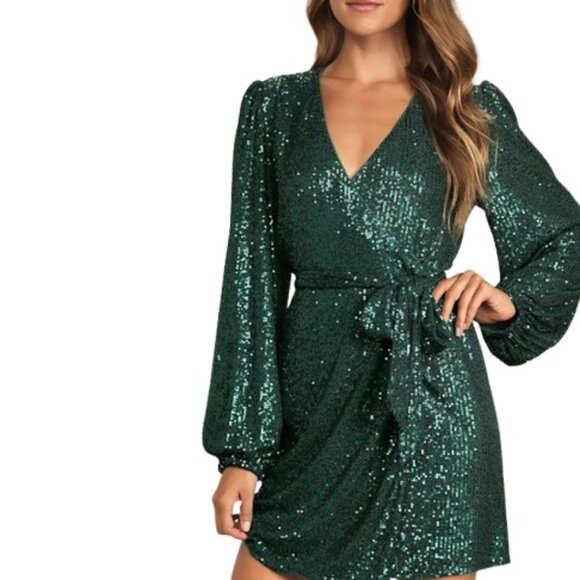 Lulus Womens Sparkling Darling Mini Wrap Dress Emerald Green Sequined M New - Picture 1 of 5